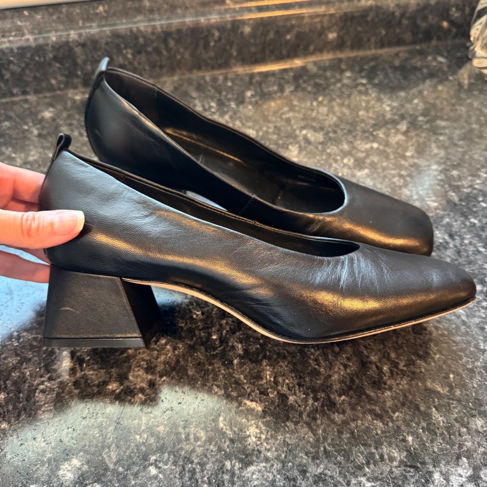 Antonio Melani Black Leather Square Toe Block Heel Pumps Womens 8.5M Brazil